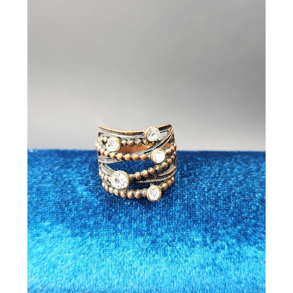 Copper Multi-Band Statement Ring Clear Crystals Size 9 Brass Accents Boho Chic
